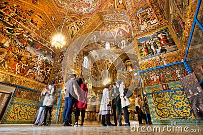 People stand inside the armenian Ñathedral with magical paints Editorial Stock Photo