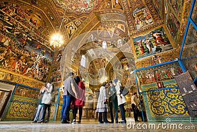 People stand inside the Cathedral with magical paints and fresco. Editorial Stock Photo