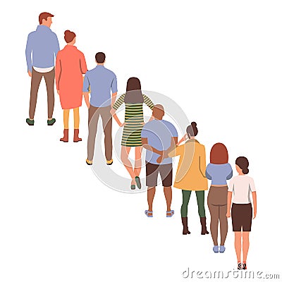 People stand in a long queue. Crowd of young people standing in line. Vector Illustration