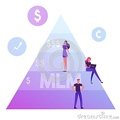 People Stand on MLM Pyramid. Multi Level Marketing Concept. Commercial Project Methods of Business Development Vector Illustration