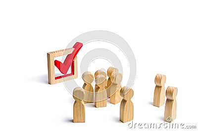 People stand near and look at the check mark in the box. election, poll or referendum. . Voters participate in elections Stock Photo