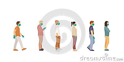 People stand queue and one person fits. Full length of cartoon sick people in medical masks and gloves standing in line Vector Illustration