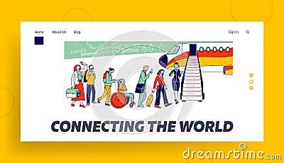 People Stand in Queue on Plane in Airport Landing Page Template. Characters Boarding on Airplane Vector Illustration