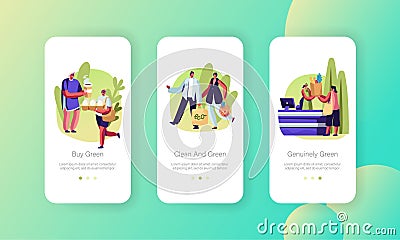 People Stand in Queue with Reusable Packaging, Male and Female Characters Use Eco Pack for Shopping Mobile App Page Vector Illustration