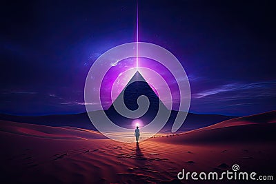 People standing in front of pyramid in desert, science fiction concept. Generative AI Stock Photo