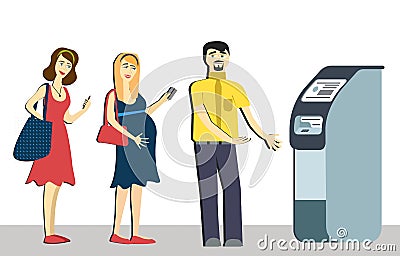 Queue at the ATM.Disgruntled people are standing in line for an isolated background.pregnant woman in queue. terminal machine bank Vector Illustration