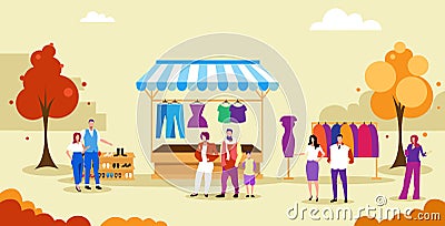 People standing line queue to clothing shop stall fair concept men women buying clothes at outdoor market full length Vector Illustration