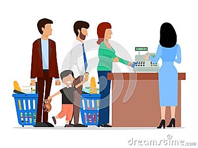 People standing in long queue in supermarket vector illustration. Families with children, persons with shopping baskets Vector Illustration