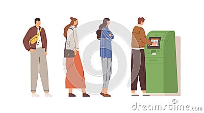 People standing in queue to withdraw cash money using ATM and bank cards. Men and women in line to automated electronic Vector Illustration