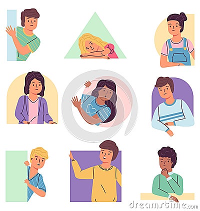 People staring. Peeping characters young portraits, curious boys and girls avatars, teenagers peek out different shapes geometric Vector Illustration