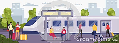 People at station. Female and male characters with luggage waiting for transport at railway station Vector Illustration