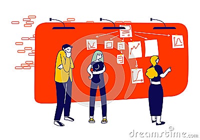 People Sticking Papers on Big Organizer Workwall Planning and Analyzing Working Process. Agile Development Methodology Vector Illustration