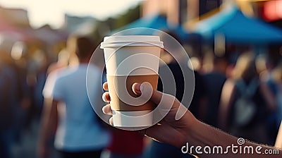 People at the street festival holding bright disposable cups with hot coffee Stock Photo