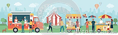 People at the street food festival in the city park Vector Illustration