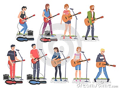 People Street Musicians Characters Playing Guitars Set, Live Performance Cartoon Style Vector Illustration Vector Illustration