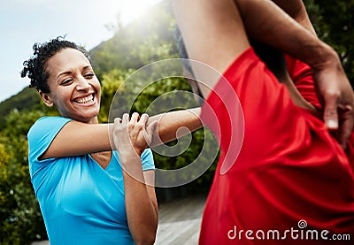 People are stretching, exercise and start workout with athlete, personal trainer or couple ready for fitness outdoor Stock Photo