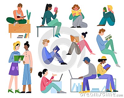 People study vector illustration set, cartoon flat active school or university student collection with young man woman Vector Illustration