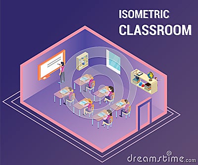 People Studying in a class room where teacher is teaching them Isometric Artwork Vector Illustration