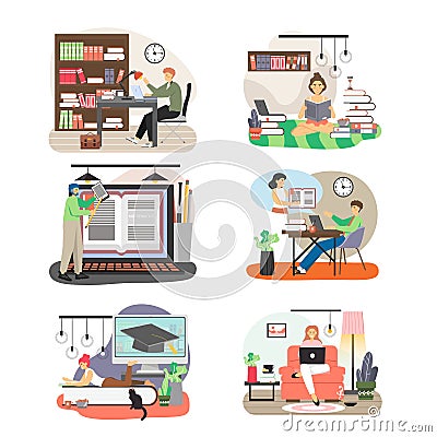 People studying at home, in public library, flat vector isolated illustration. Online learning, remote education. Vector Illustration