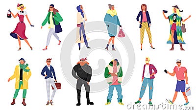 People in stylish outfit collection, set of women and men wearing trendy clothes, isolated vector illustrations. Young Vector Illustration