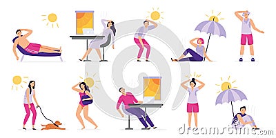 People suffer from heat. Sunstroke, summer hot weather and overheating. Sweaty people overheated in sun vector Vector Illustration