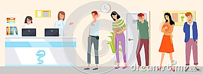 People suffering from pain in line for consultation with doctor. Patients at reception in hospital Vector Illustration