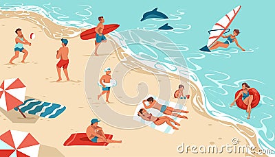 People on summer beach. Men and women rest on seashore. Happy persons sunbathing or surfing. Boys play with ball. Girl Vector Illustration