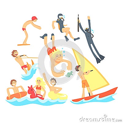 People On Summer Vacation At The Sea Playing And Having Fun With Water Sports On The Beach Set Of Illustrations Vector Illustration