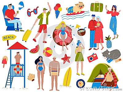 People in summer vacation vector illustration set, cartoon flat active woman man vacationers swim, sunbathe and relax Vector Illustration