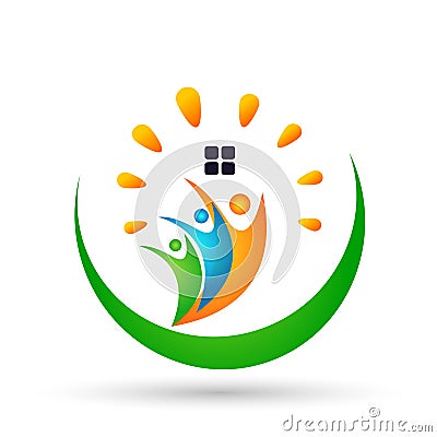 People sun power union team celebrating happiness wellness symbol icon element logo design on white background Cartoon Illustration