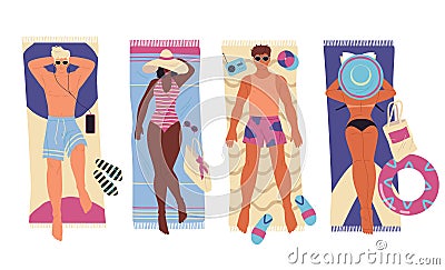 People sunbathing on a beach, vector banner. Vector Illustration