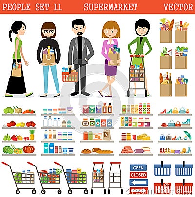 People in a supermarket with purchases Vector Illustration