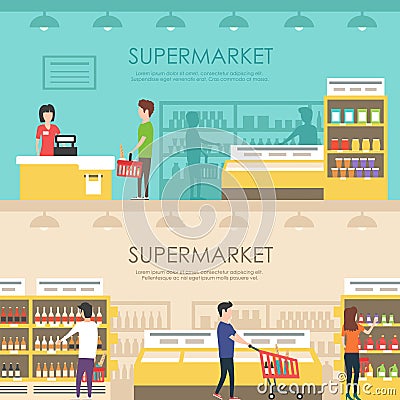 People in supermarket. Vector flat illustration. Grocery store Vector Illustration