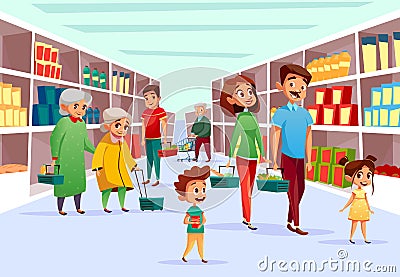 People family shopping in supermarket vector cartoon illustration Vector Illustration