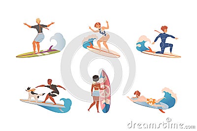 People Surfer on Surf Board Riding Moving Wave of Water Vector Set Vector Illustration