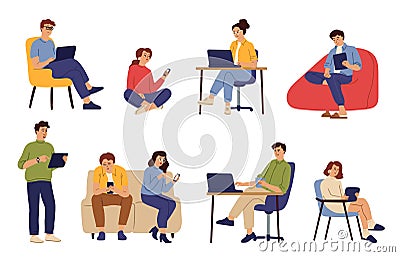 People surfing internet. Woman man using smartphone, cartoon person work from home. Digital addiction, communication Cartoon Illustration