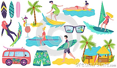 People surfing on summer vacation, set of stickers, vector illustration Vector Illustration