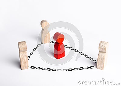 People surrounded the red man with chains. Catch the criminal, neutralize the offender. keep in custody control. Cooperation Stock Photo