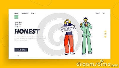 People Swear and Tell Truth Landing Page Template. Man Gesturing Hold Palm on Chest and Woman Performing Banner Vector Illustration