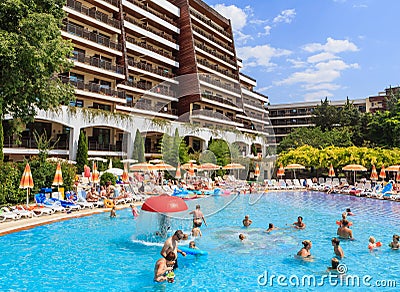 People swim in pool of hotel Flamingo Grand Hotel at summer. Albena, Bulgaria Editorial Stock Photo