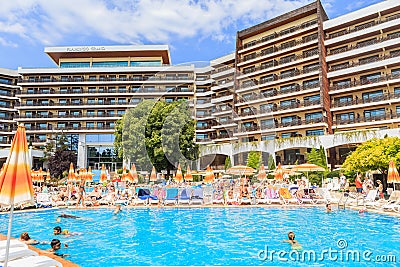 People swim in pool of hotel Flamingo Grand Hotel at summer. Albena, Bulgaria Editorial Stock Photo