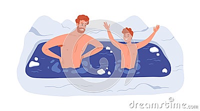 People swimming in ice hole in cold winter. Father and child son in frozen water outdoors. Happy healthy family Vector Illustration