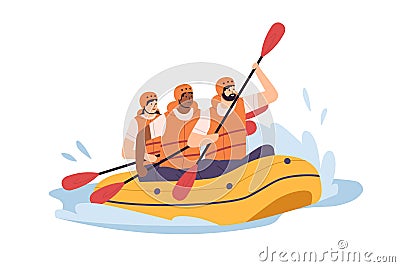People swimming in inflatable boat, rowing with paddles. Team of men and woman in helmets traveling on lake or river Vector Illustration