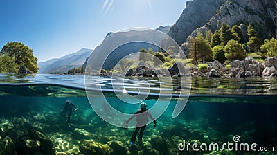 Scuba Diving In Clear Seawater: Nature-inspired Installations And Sparkling Water Reflections Stock Photo