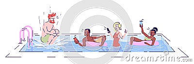 People in swimming pool flat vector illustration. Friends fun, jumping in water. Girls relax in safety rings with Vector Illustration