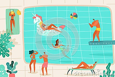 People swimming pool. Persons relaxing summer pool swim diving jump sunbathing loungers party resort colorful flat Vector Illustration