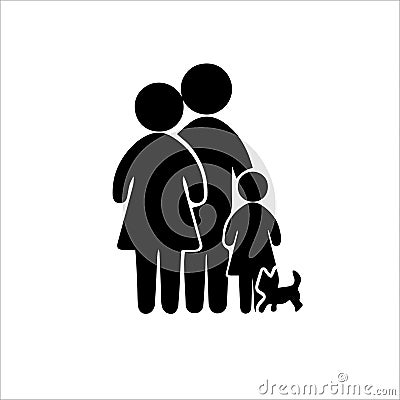 Family silhouette, isolated, black on the white with pet dog Vector Illustration