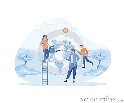 People take care about planet ecology. Cleaning, green planting and watering. Vector Illustration