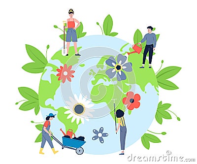 People take care planet. Teens support ecology environment. Volunteers protecting nature, cleaning and planting plants Cartoon Illustration