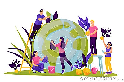 People take care of planet. Vector illustration for Save the Earth Day. Environment, ecology, nature protection concept Vector Illustration